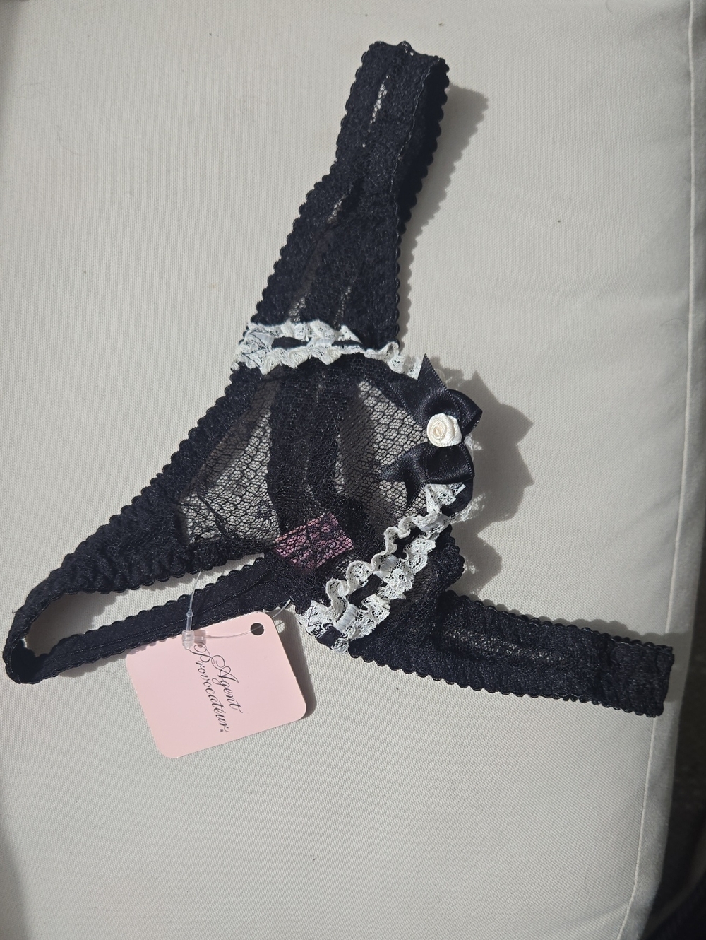 Agent Provocateur Black Lace Thong with White Ruffle Trim